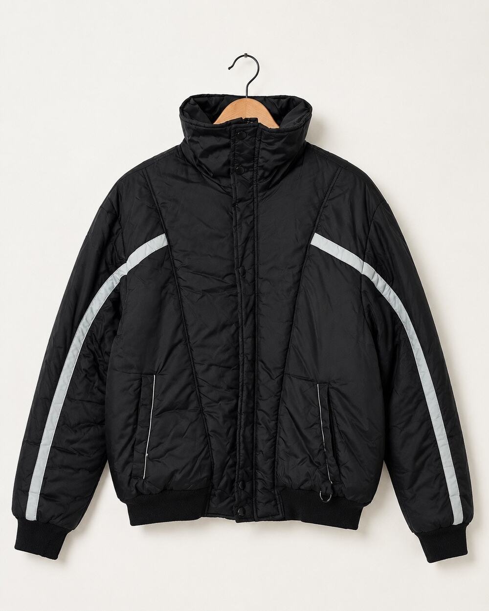 Quail Run Black Bomber Jacket Reflective Stripe Puffer Ski Winter Coat Size L